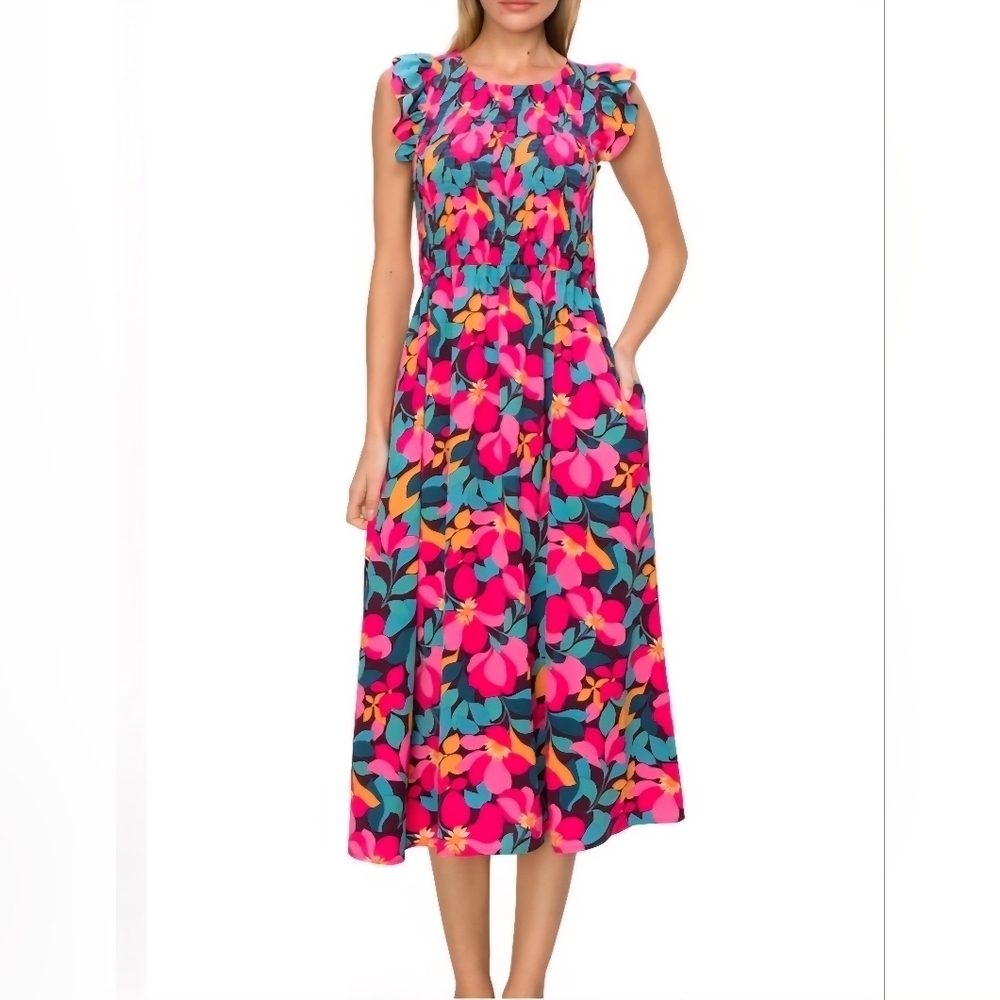 NWT MELLODAY womens floral tropical bright pink MAXI dress size Medium
